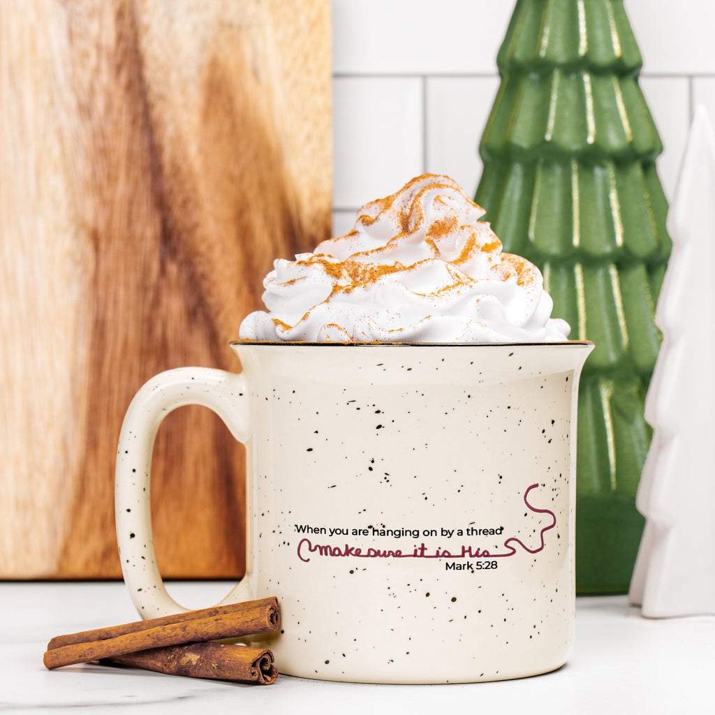 Hanging on by a thread - camp mug